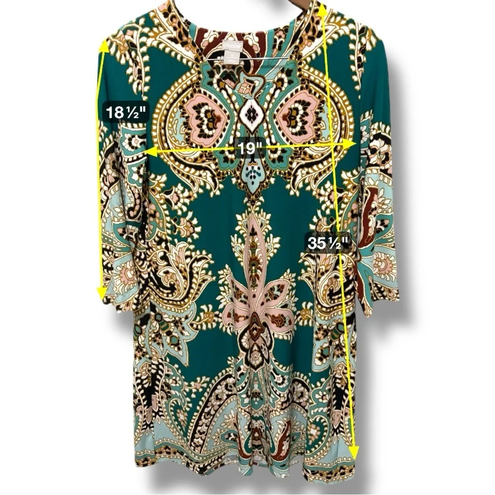 135 Chico’s | NWOT Green Pink Paisley Shift Dress (Size 4/6) - Picture 8 of 11